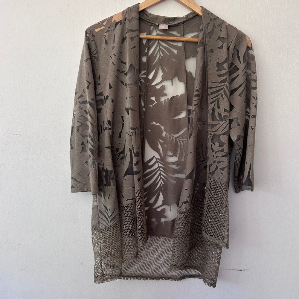 Chicos Travelers Cardigan Women 8/10 Taupe Burnout Tropical Leaf Boho Fairy